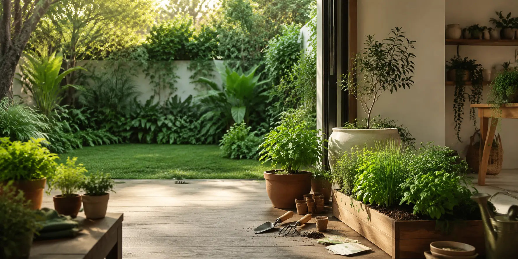Jardim residencial com canteiros de plantas naturais, horta e ferramentas de jardinagem