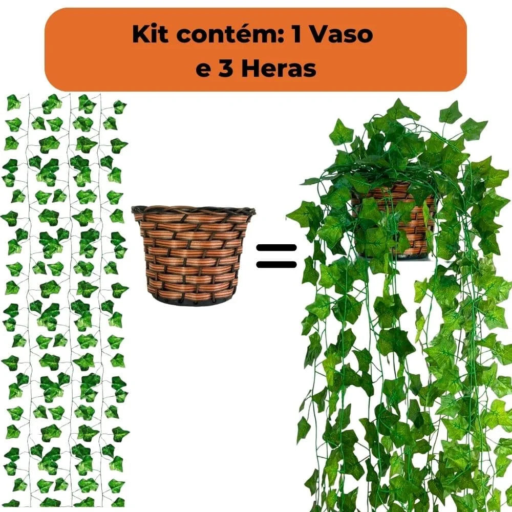 Arranjo com Trepadeira de Folhas de Hera e Vaso Marrom Trançado