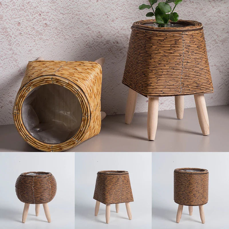 Suporte de Flores em Rattan – Design Nórdico Elegante para Jardim e Sala