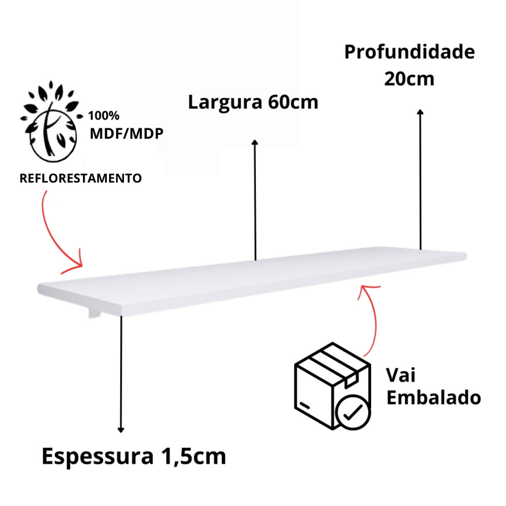 Kit de Prateleiras 60x20cm MDF com Suporte Resistente para Quarto, Sala, Banheiro, Cozinha, Escritório e Decoração de Parede