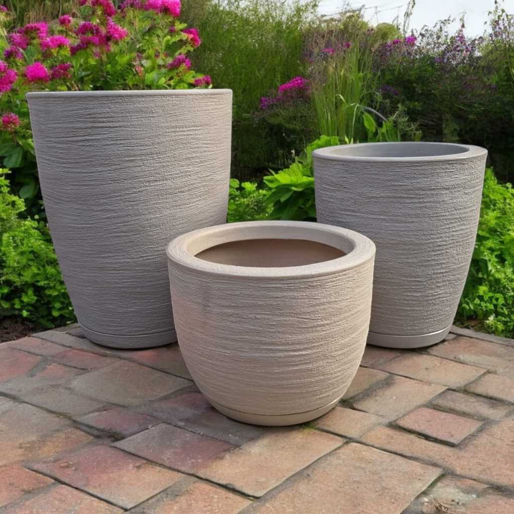 Kit 03 Vasos para Planta Flor Casa Jardim Varanda Coluna Bojo Escovada em Polietileno com prato coletor