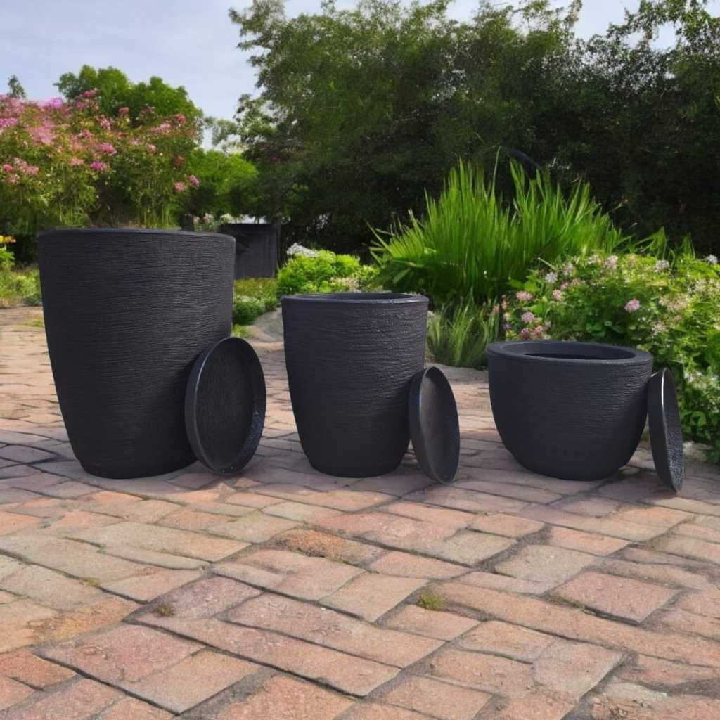 Kit 03 Vasos para Planta Flor Casa Jardim Varanda Coluna Bojo Escovada em Polietileno com prato coletor