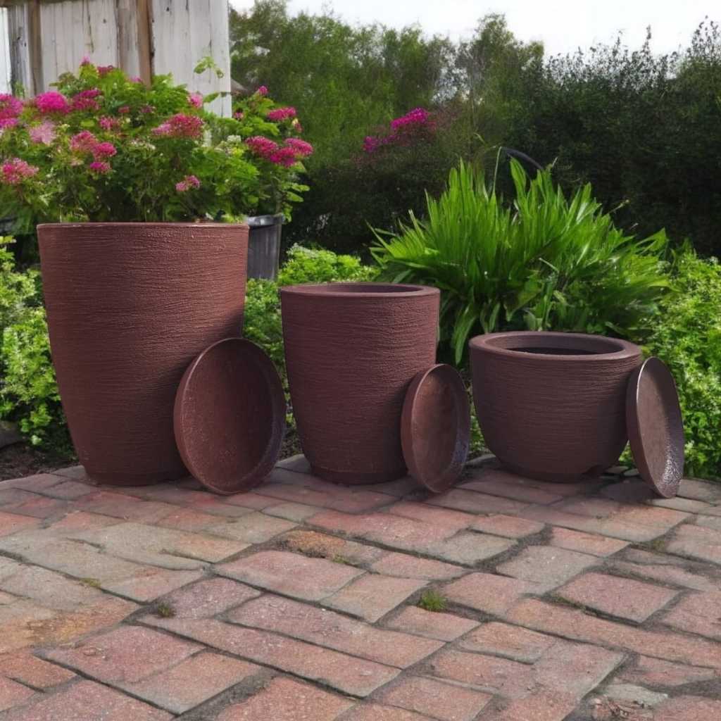 Kit 03 Vasos para Planta Flor Casa Jardim Varanda Coluna Bojo Escovada em Polietileno com prato coletor
