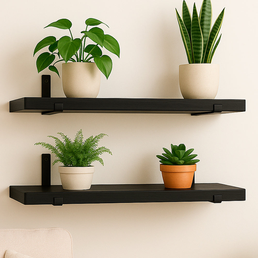 Kit com 2 prateleiras de madeira estilo industrial com suporte invertido mão francesa