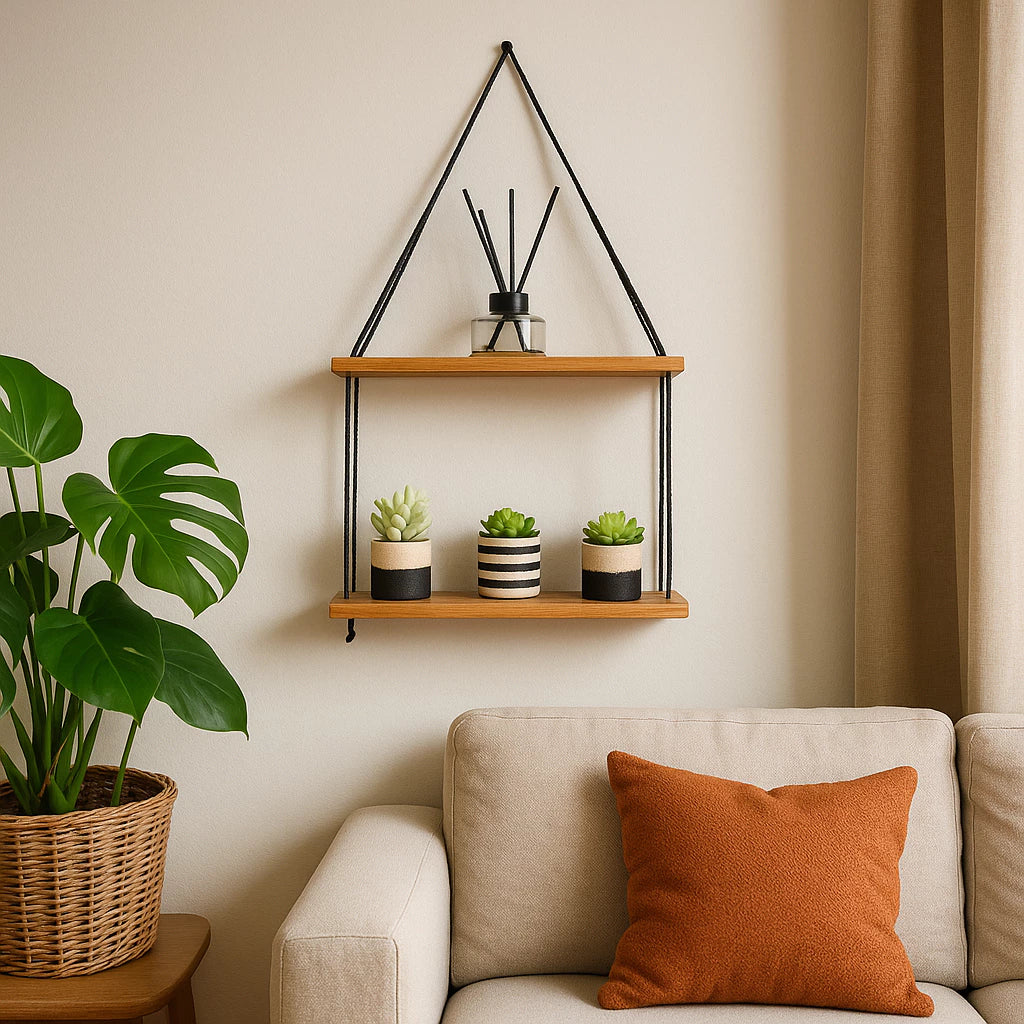 Prateleira Nicho Decorativo Suspenso Imbuia com Corda Preta - Linha Fioralto