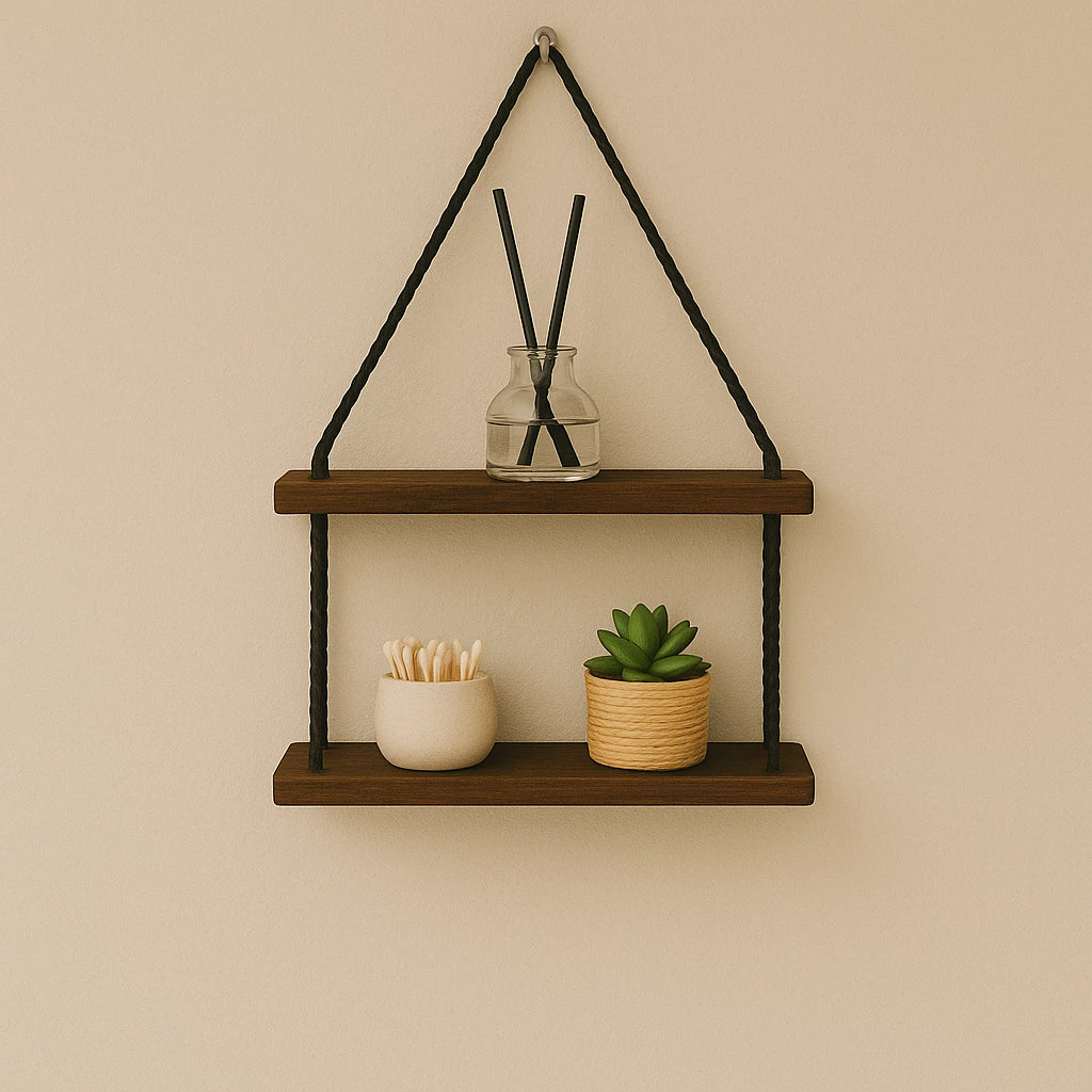 Prateleira Nicho Decorativo Suspenso Imbuia com Corda Preta - Linha Fioralto
