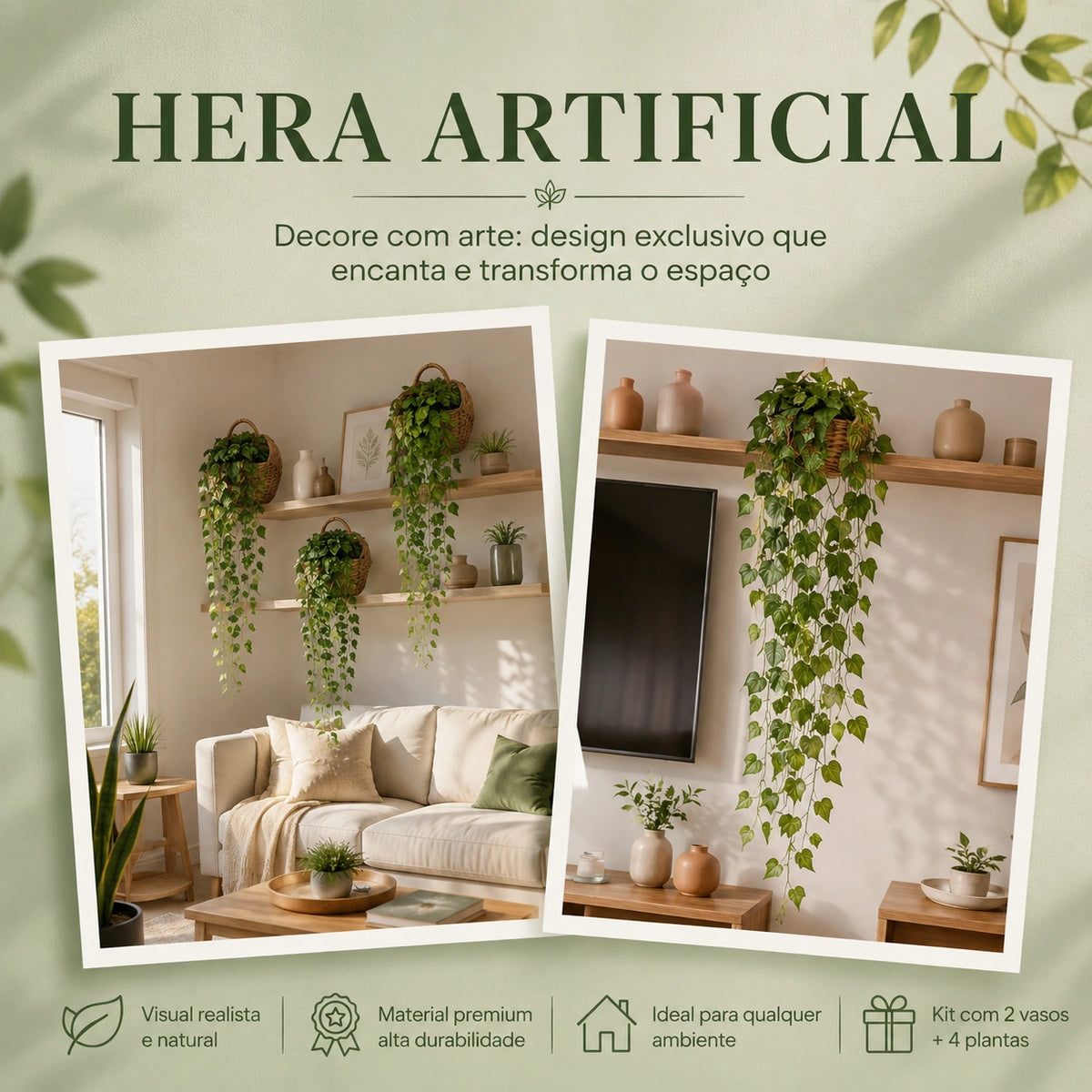 Kit com 2 Vasos Trançados + 2 Cordões de Hera ou Jibóia