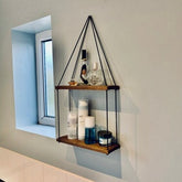 Prateleira Nicho Decorativo Suspenso Imbuia com Corda Preta - Linha Fioralto