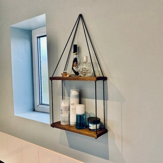 Prateleira Nicho Decorativo Suspenso Imbuia com Corda Preta - Linha Fioralto