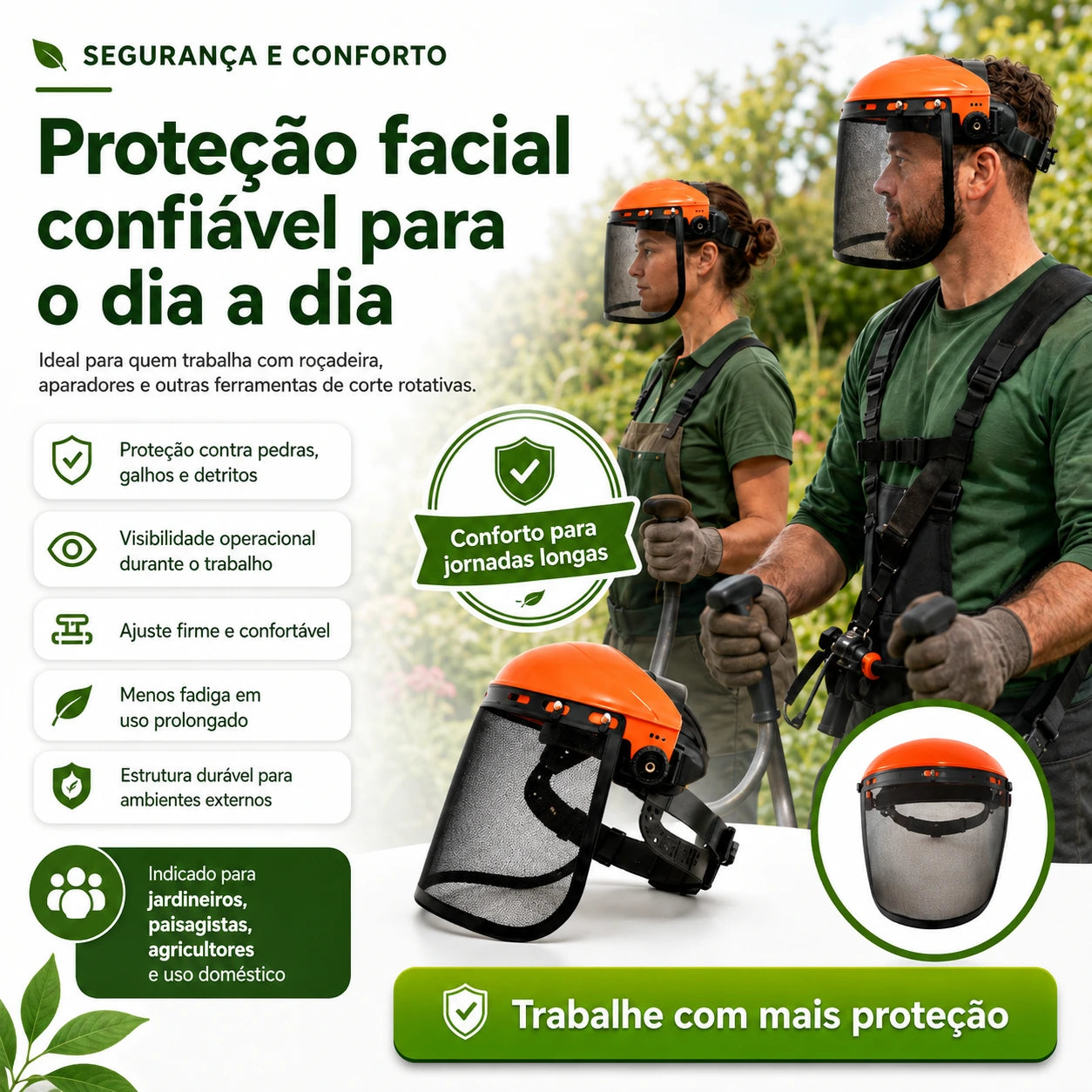 Protetor facial com tela de aço para roçadeira — EPI de segurança para jardinagem profissional