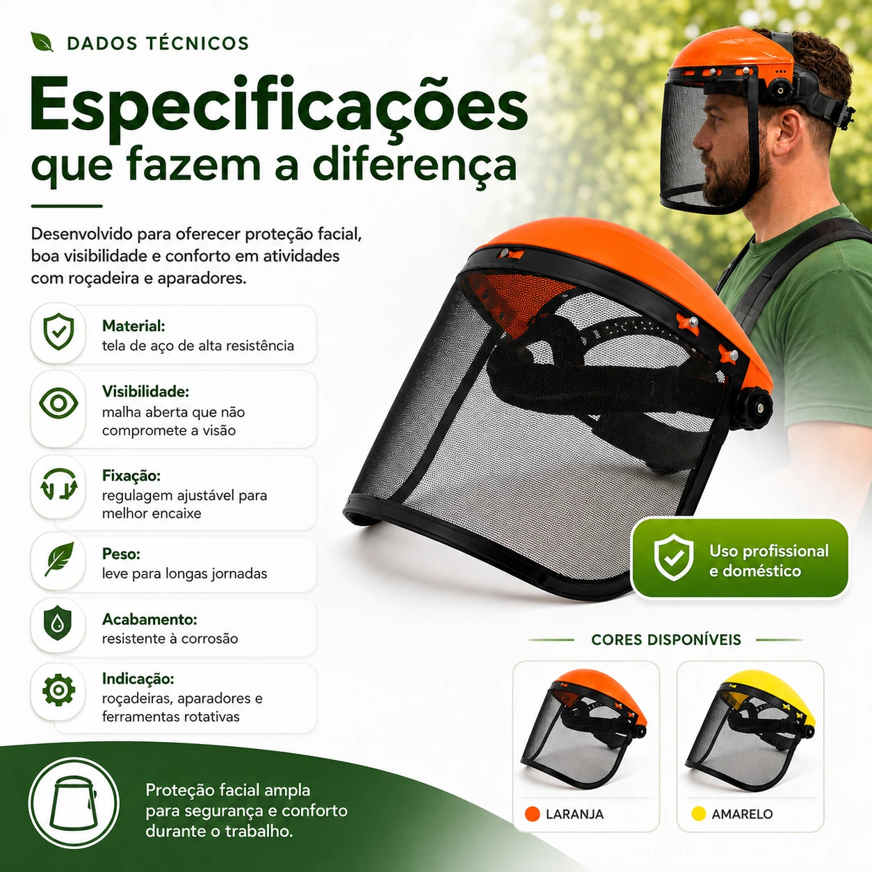 Detalhe do sistema de fixação ajustável do protetor facial para roçadeira