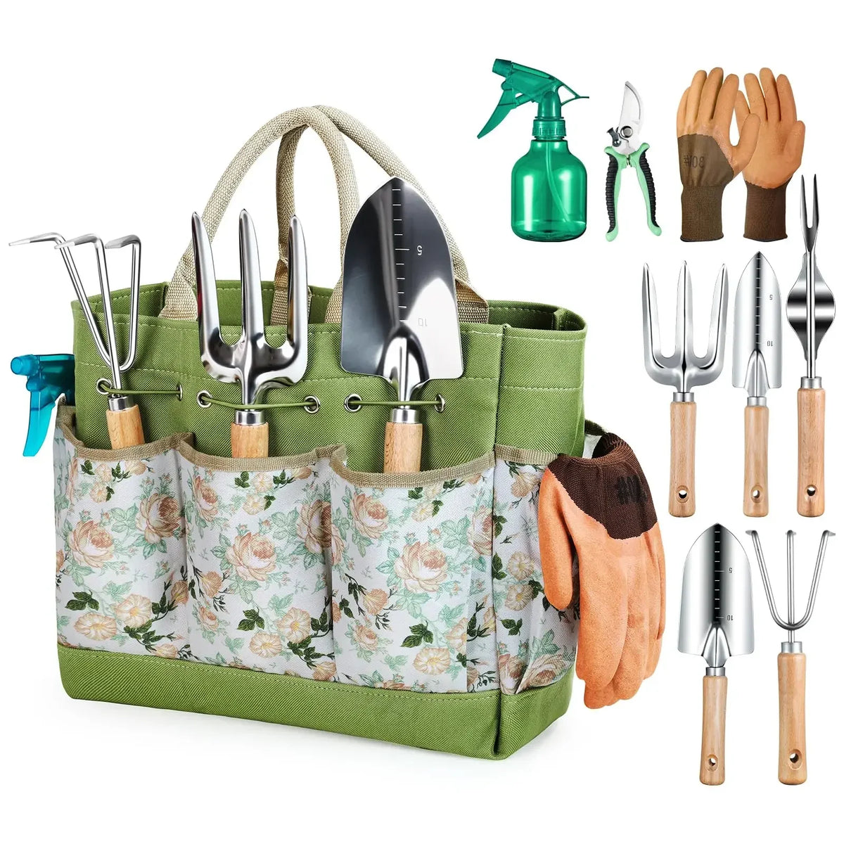 Ferramentas Para Jardinagem Kit Completo com 10 Peças em Aço Inoxidável e Bolsa Floral