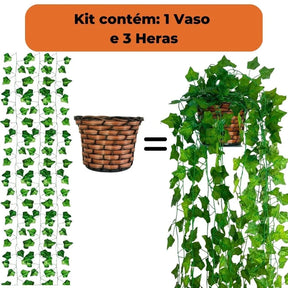 Arranjo com Trepadeira de Folhas de Hera e Vaso Marrom Trançado