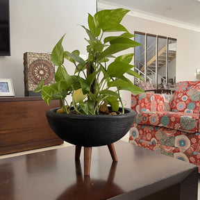 Vaso Bacia 30cm De Polietileno  Com Tripé de Madeira Decorativo Para Flores E Plantas
