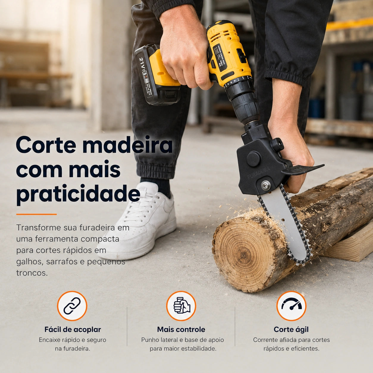 Adaptador Serra para Furadeira e Parafusadeira — mini motosserra portátil encaixada em furadeira