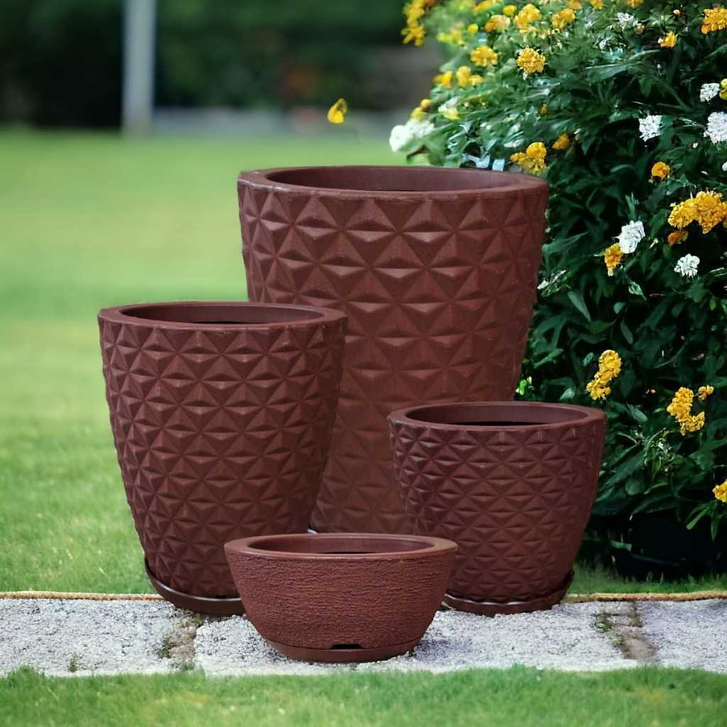 Kit 04 Vasos de Polietileno 3D para Plantas e Flores com Prato Coletor para Casa e Jardim