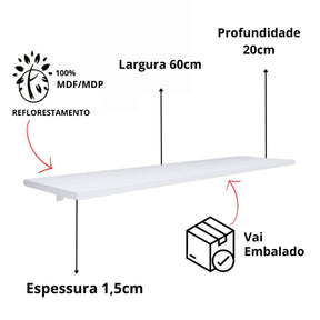 Kit de Prateleiras 60x20cm MDF com Suporte Resistente para Quarto, Sala, Banheiro, Cozinha, Escritório e Decoração de Parede