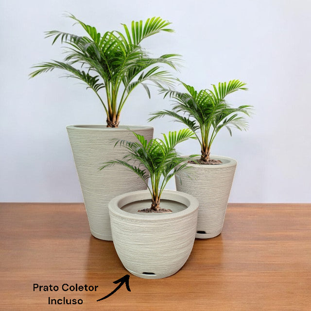 Kit 03 Vasos para Plantas Flor Coluna Redonda Escovada Em Polietileno Com pratos
