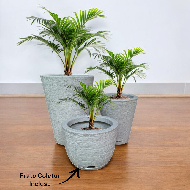 Kit 03 Vasos para Plantas Flor Coluna Redonda Escovada Em Polietileno Com pratos