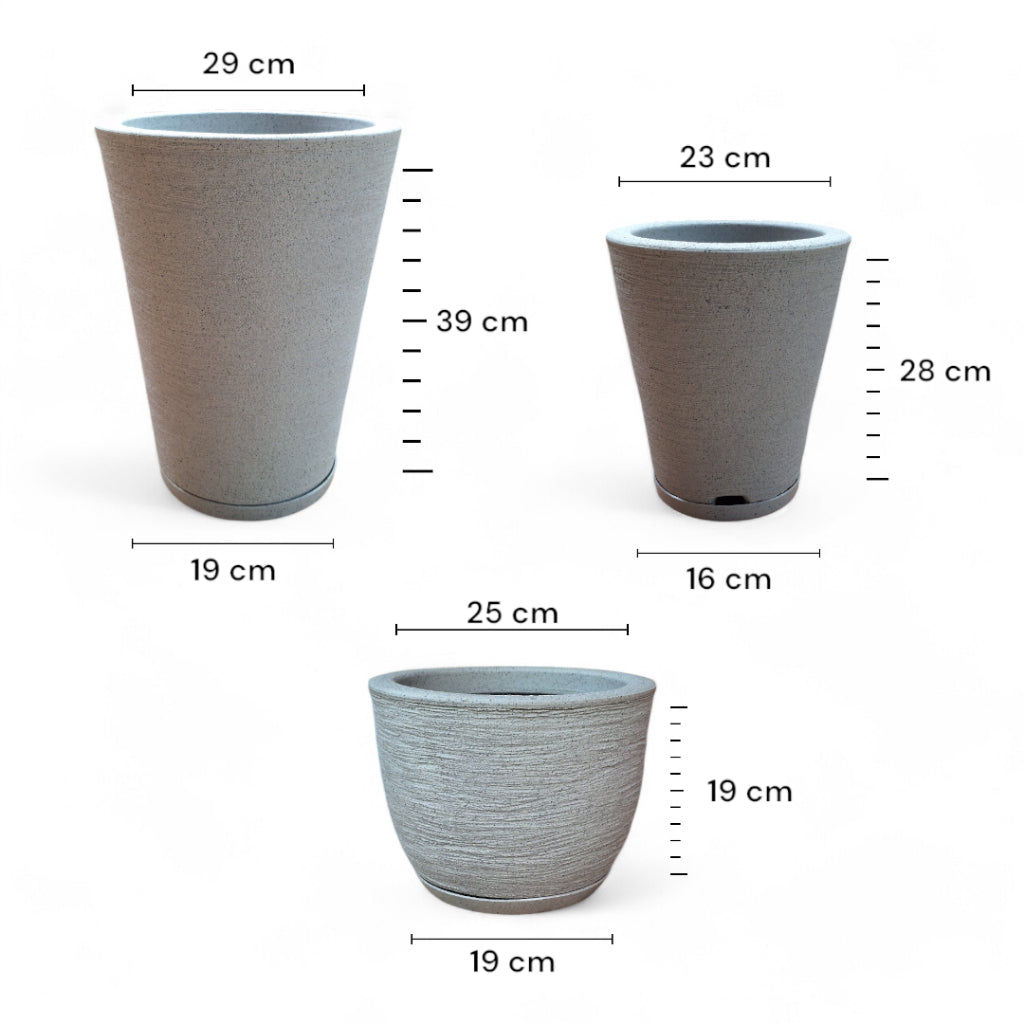 Kit 03 Vasos para Plantas Flor Coluna Redonda Escovada Em Polietileno Com pratos