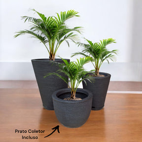 Kit 03 Vasos para Plantas Flor Coluna Redonda Escovada Em Polietileno Com pratos