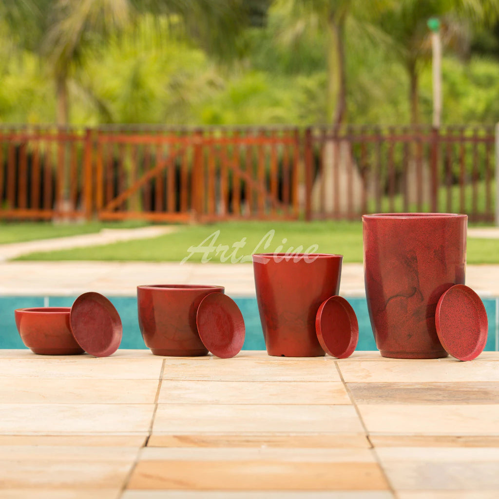 Conjunto de 4 Vasos Decorativos para Plantas em Polietileno - Modelos Coluna Bojo Escovado Luxo N°1 e N°2, Bojo N°1 e Bacia N°1 com Prato