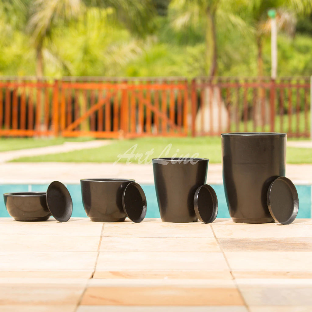 Conjunto de 4 Vasos Decorativos para Plantas em Polietileno - Modelos Coluna Bojo Escovado Luxo N°1 e N°2, Bojo N°1 e Bacia N°1 com Prato