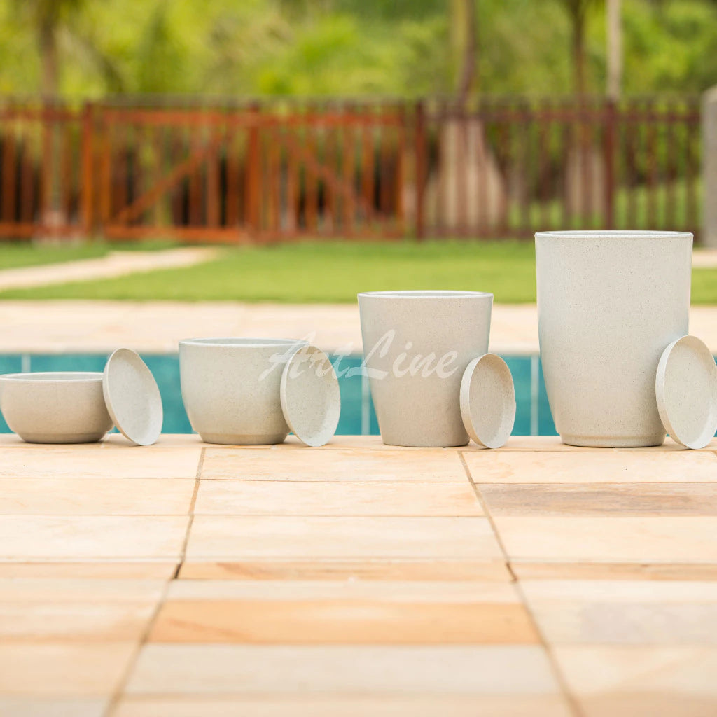 Conjunto de 4 Vasos Decorativos para Plantas em Polietileno - Modelos Coluna Bojo Escovado Luxo N°1 e N°2, Bojo N°1 e Bacia N°1 com Prato