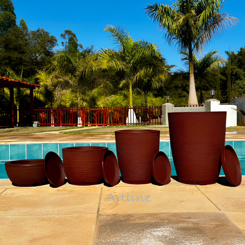 Conjunto de 4 Vasos Decorativos para Plantas em Polietileno - Modelos Coluna Bojo Escovado Luxo N°1 e N°2, Bojo N°1 e Bacia N°1 com Prato