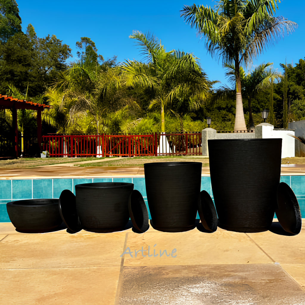 Conjunto de 4 Vasos Decorativos para Plantas em Polietileno - Modelos Coluna Bojo Escovado Luxo N°1 e N°2, Bojo N°1 e Bacia N°1 com Prato