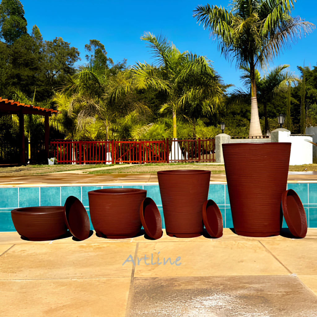 Conjunto de 4 Vasos Decorativos para Plantas em Polietileno - Modelos Coluna Bojo Escovado Luxo N°1 e N°2, Bojo N°1 e Bacia N°1 com Prato