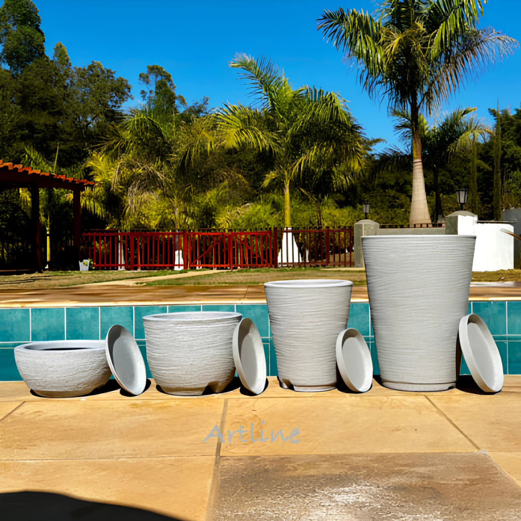 Conjunto de 4 Vasos Decorativos para Plantas em Polietileno - Modelos Coluna Bojo Escovado Luxo N°1 e N°2, Bojo N°1 e Bacia N°1 com Prato