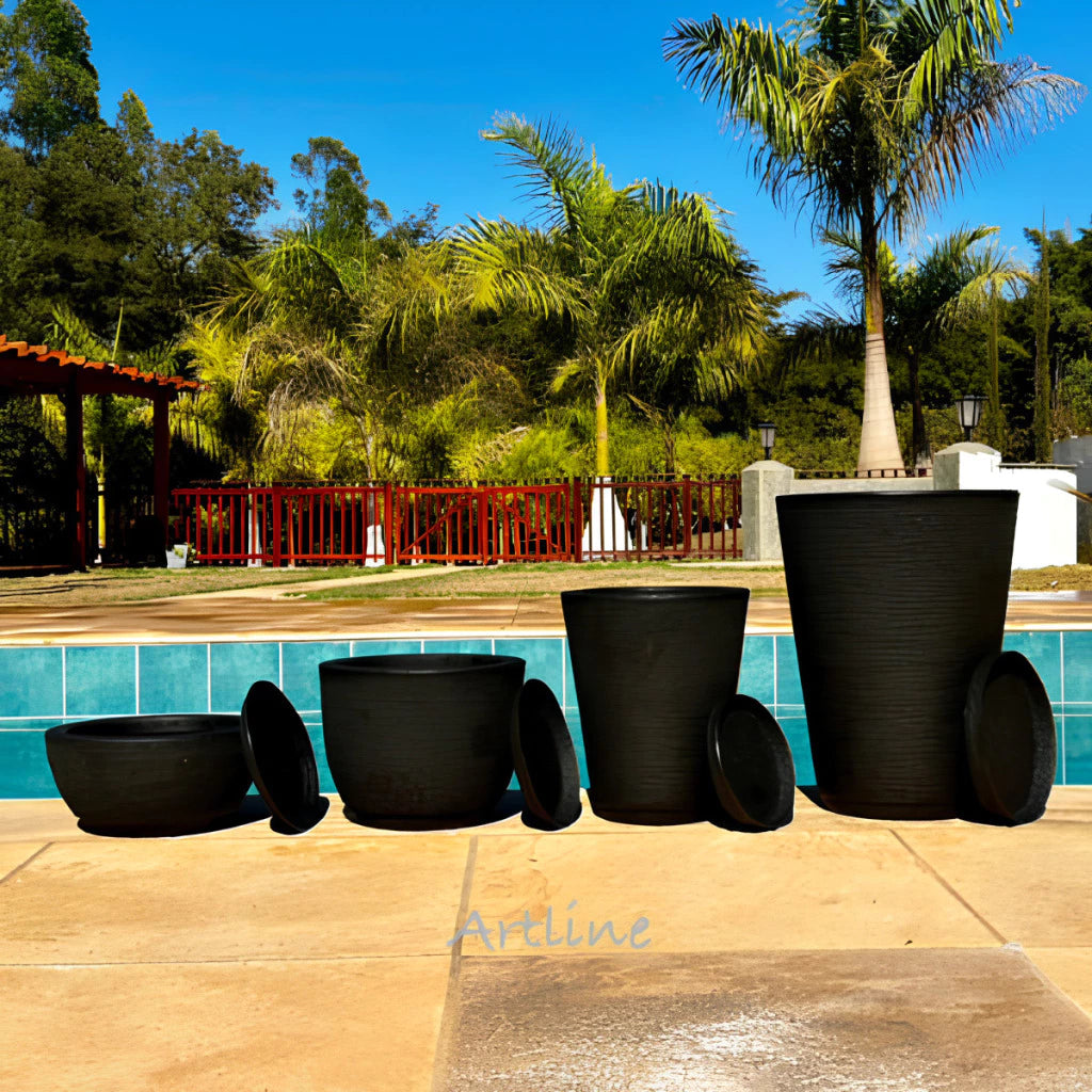 Conjunto de 4 Vasos Decorativos para Plantas em Polietileno - Modelos Coluna Bojo Escovado Luxo N°1 e N°2, Bojo N°1 e Bacia N°1 com Prato