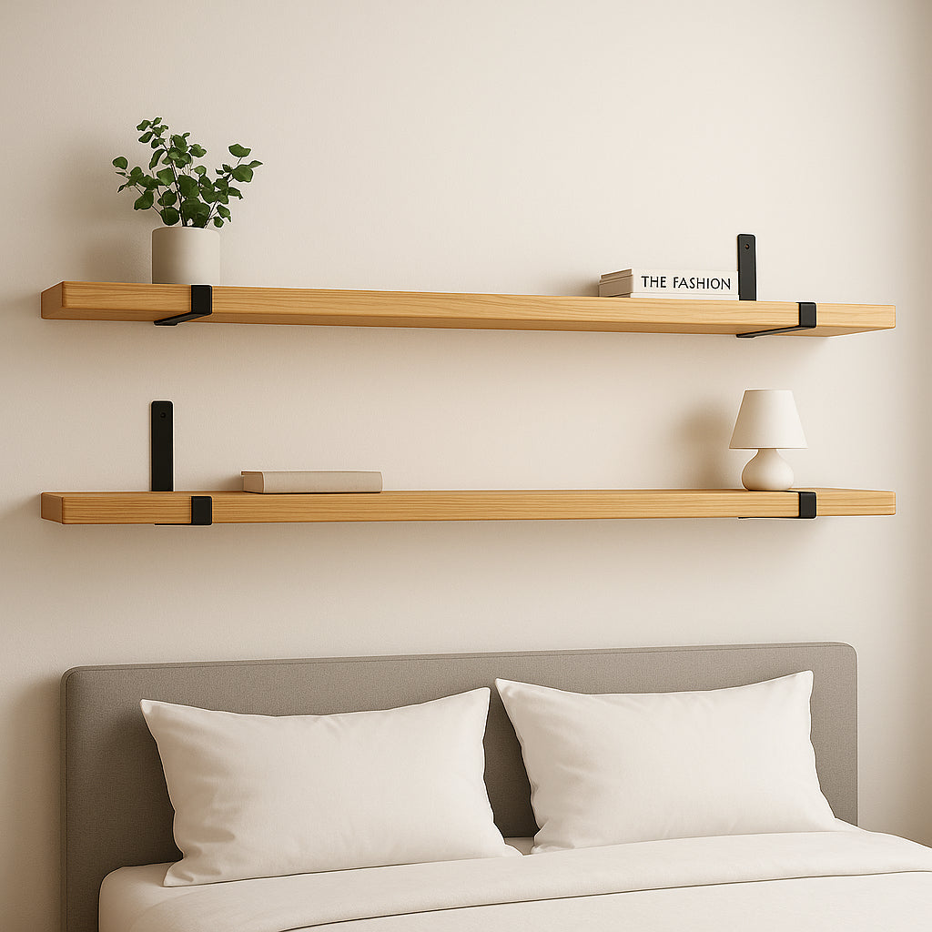 Kit com 2 prateleiras de madeira estilo industrial com suporte invertido mão francesa