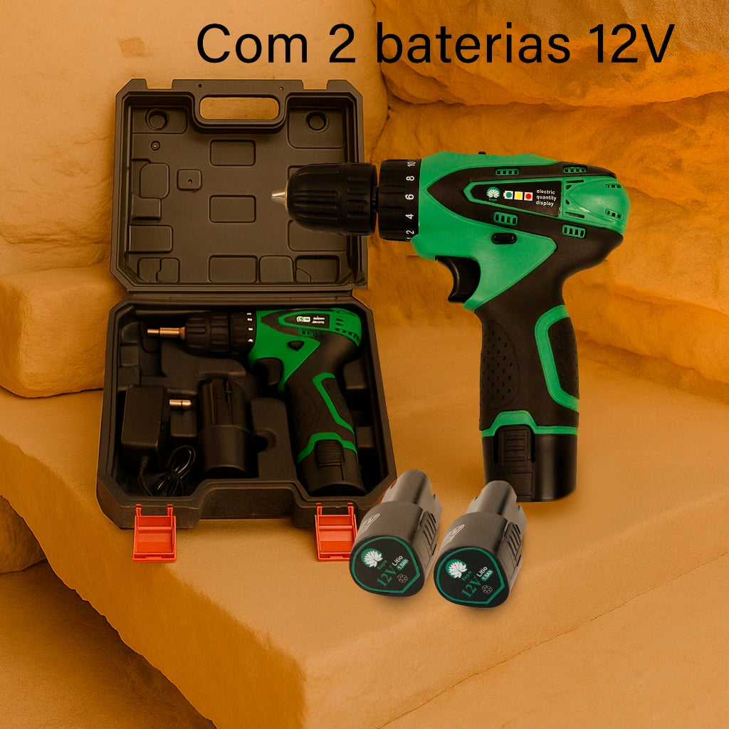 Parafusadeira e Furadeira12V 2 Baterias Sem Fio Com Maleta Bivolt 110V/220V 2 Velocidades
