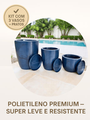 Kit com 3 Vasos Decorativos de Polietileno com Prato para Ambientes Externo e Interno