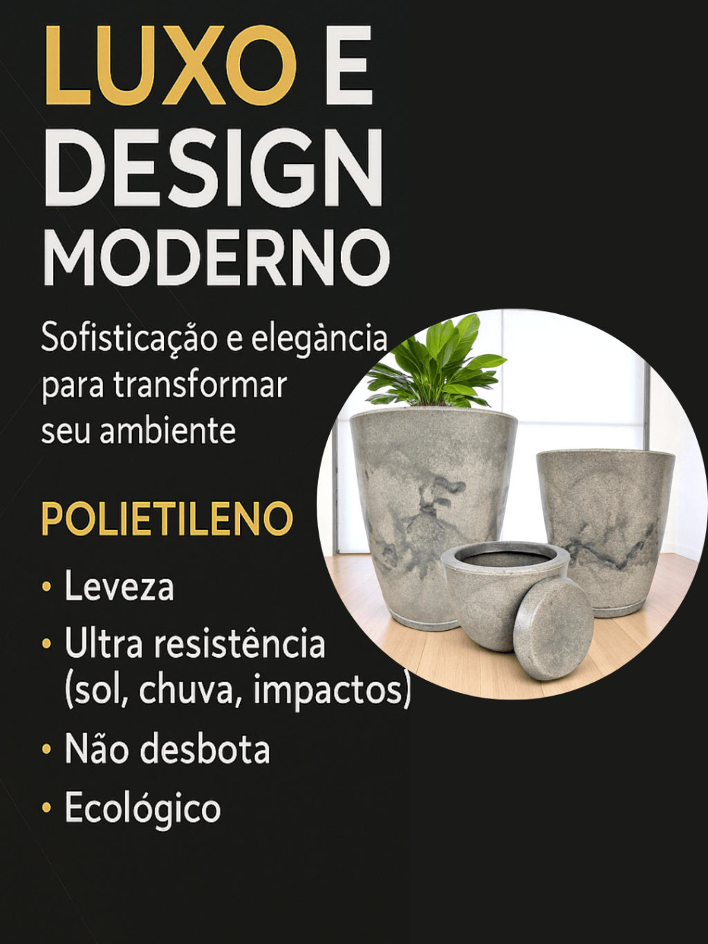 Kit com 3 Vasos Decorativos de Polietileno com Prato para Ambientes Externo e Interno