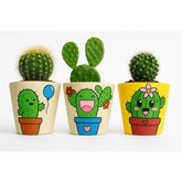 Kit 3 vasos de barro pintados a mao desenhos de cactos para jardim e varanda