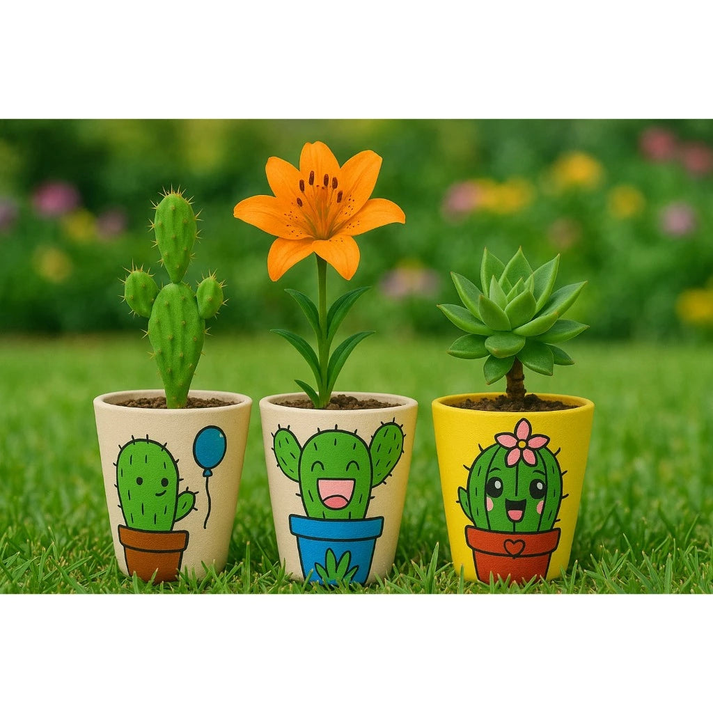 Kit com 3 Vasos de Barro Pintados à Mão — Desenhos Criativos de Cactos | Ideais para Jardim, Varanda e Decoração de Ambientes