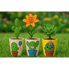 Kit com 3 Vasos de Barro Pintados à Mão — Desenhos Criativos de Cactos | Ideais para Jardim, Varanda e Decoração de Ambientes