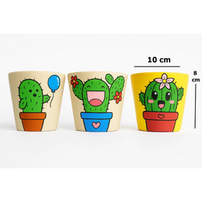 Kit com 3 Vasos de Barro Pintados à Mão — Desenhos Criativos de Cactos | Ideais para Jardim, Varanda e Decoração de Ambientes