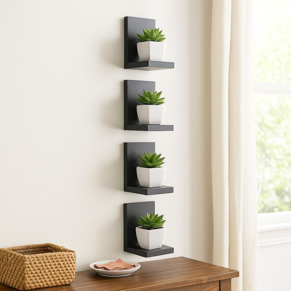 Kit com 4 Prateleiras Decorativas em "L" nas Cores Preta, Branca e Amadeirada
