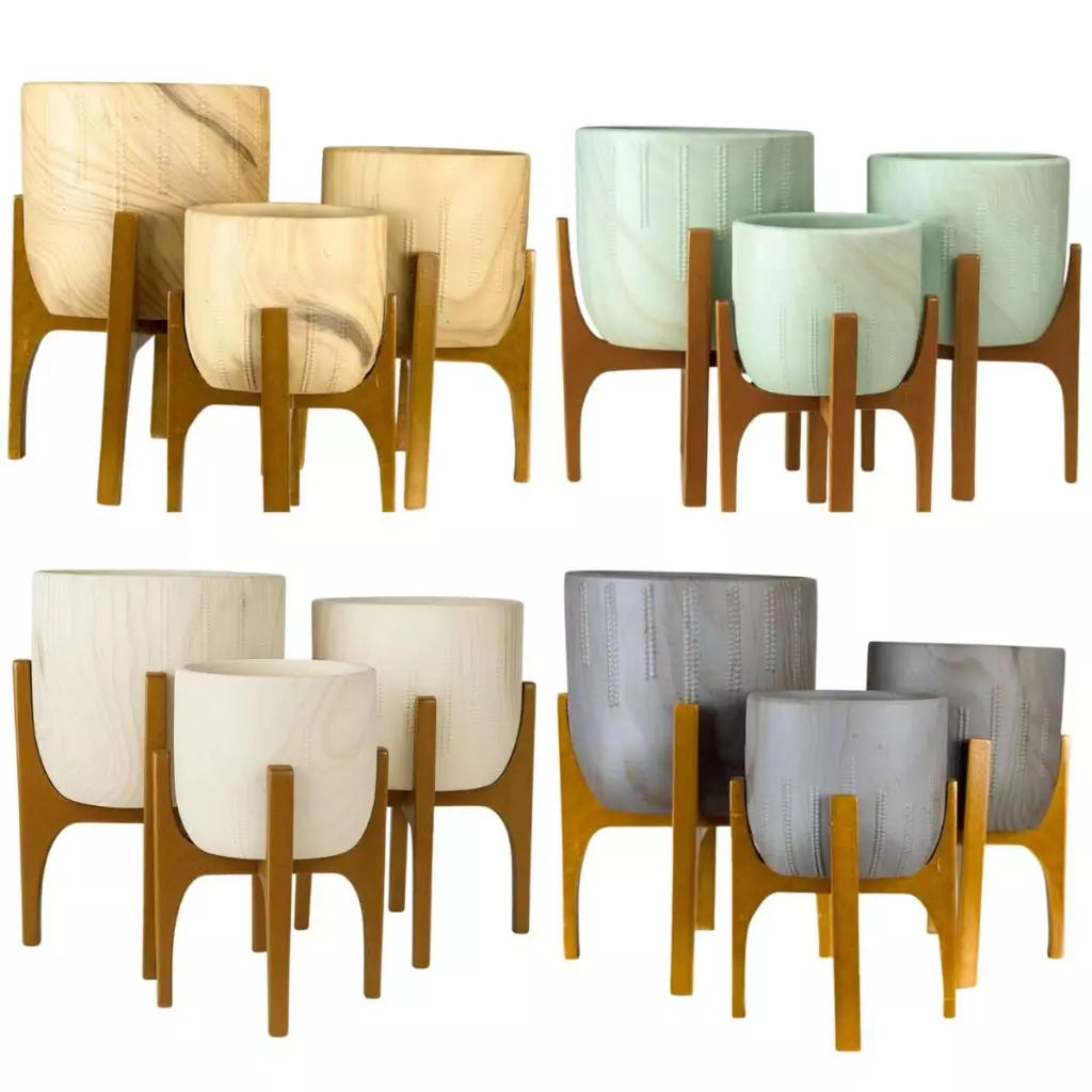 Kit 3 Vasos Decorativo Linha Genebra com Suporte de Madeira