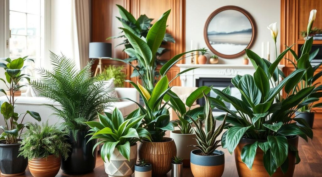 Sala iluminada com diferentes plantas de interior em vasos