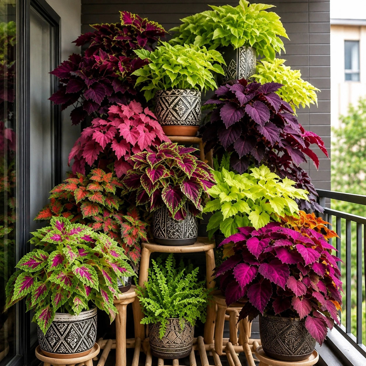 Coléus Colorido com folhas em roxo, verde e rosa vibrantes — ornamental de alto impacto visual