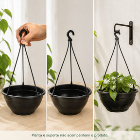 Sequência visual de montagem da haste e suspensão do vaso cuia