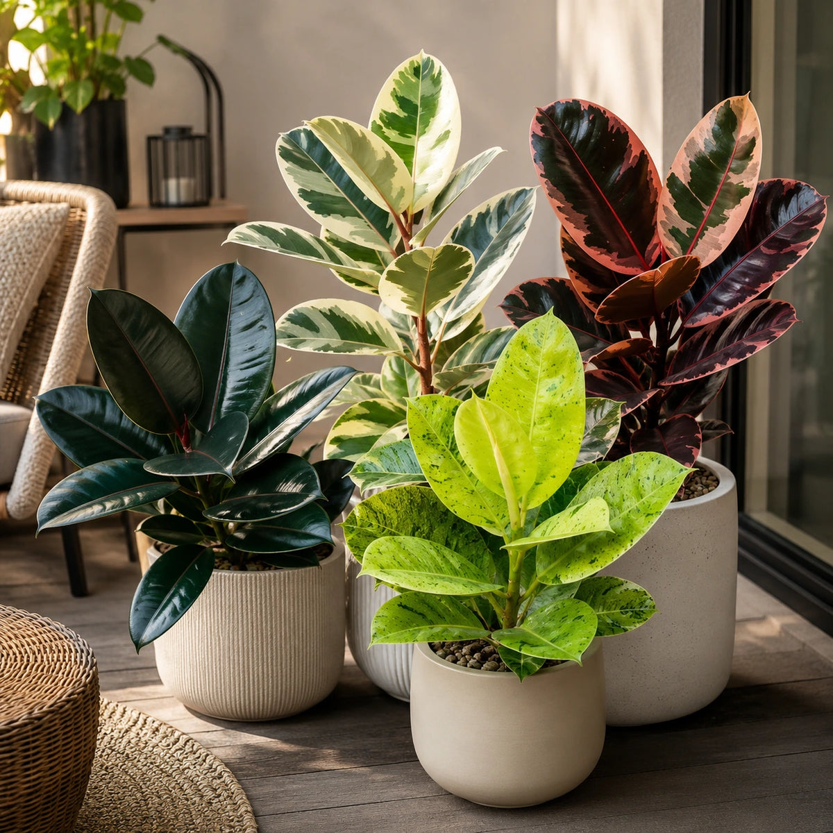 Ficus Elastica Mix — Kit 4 Variedades Burgundy Tineke Ruby
