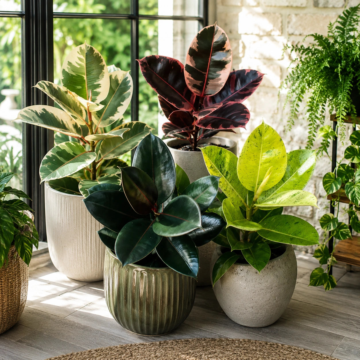 Ficus Elastica Mix — Kit 4 Variedades Burgundy Tineke Ruby
