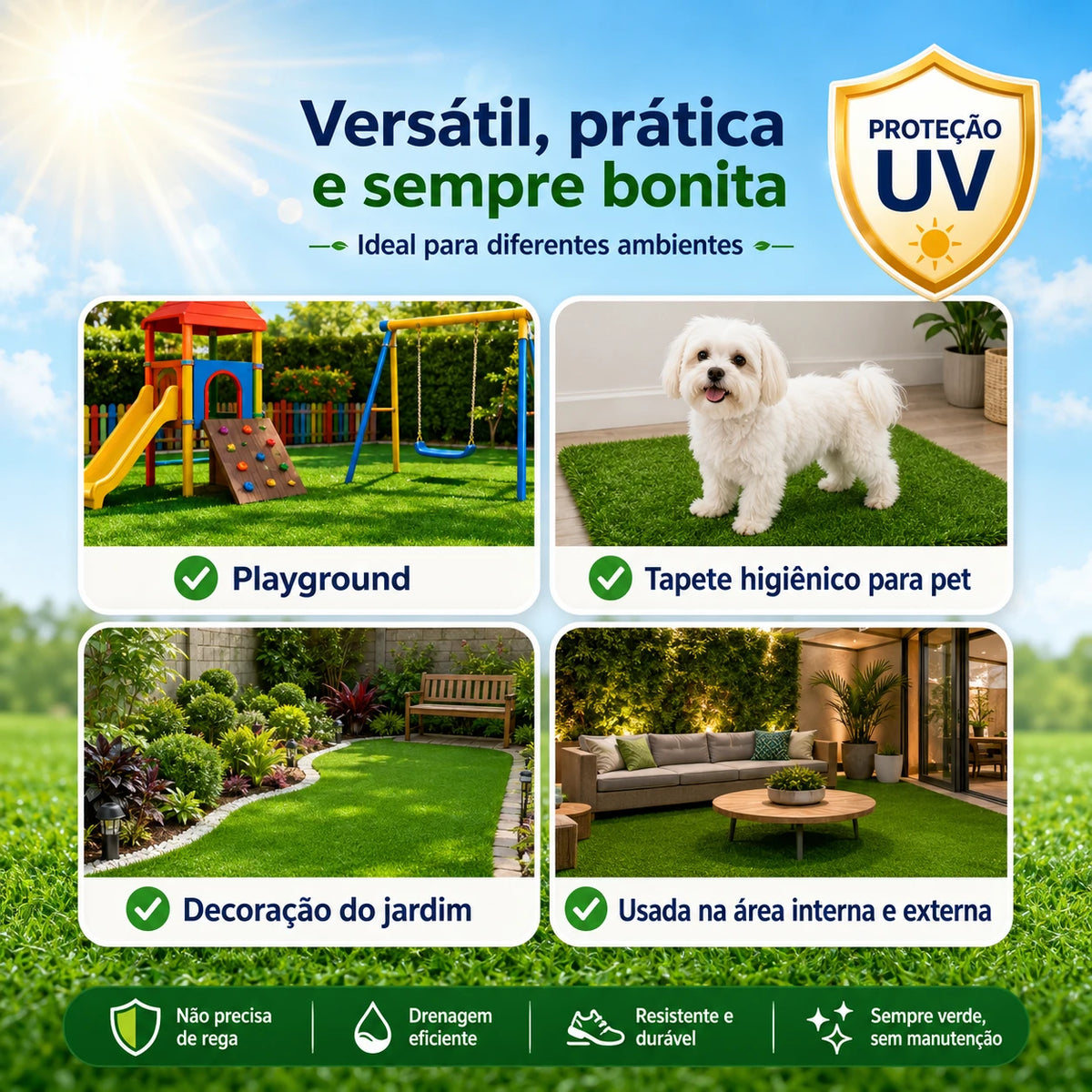 Tapete de Grama Sintética Lavável — Jardim, Varanda e Pet