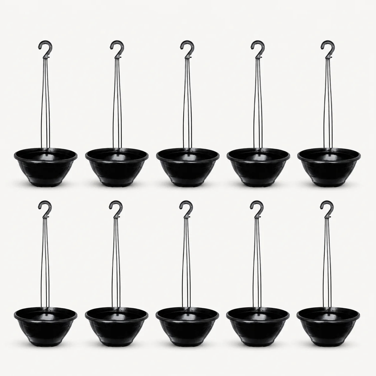 Kit com 10 vasos cuia suspensos pretos de 21 cm e 10 hastes de 43 cm